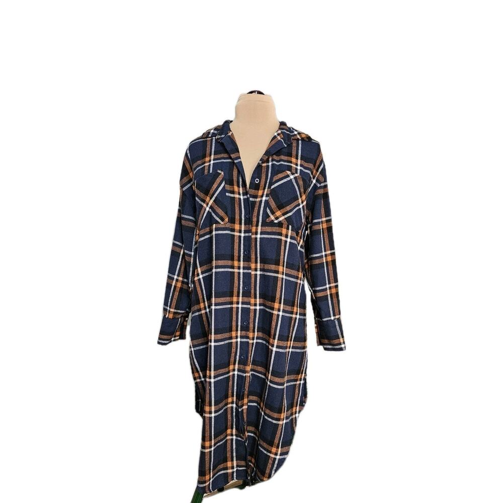 L.I.F.E Love is For Eternity Blue Copper Button Up Shirt Dress Plaid Size‎ Large